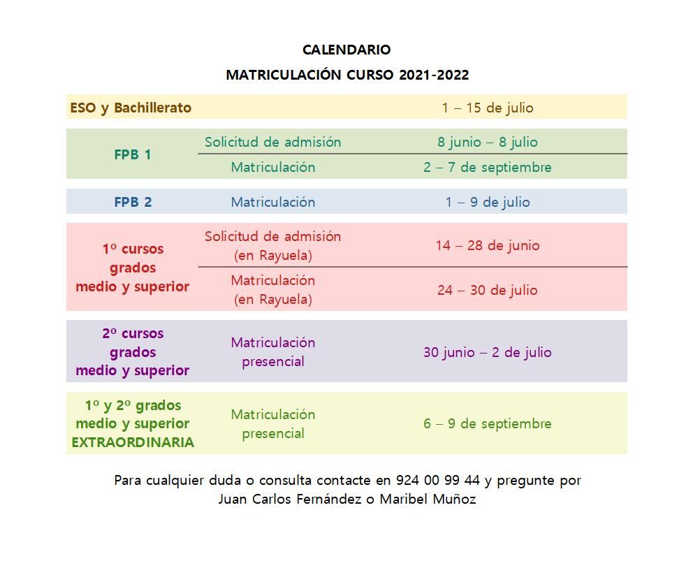 Calendario matriculacin