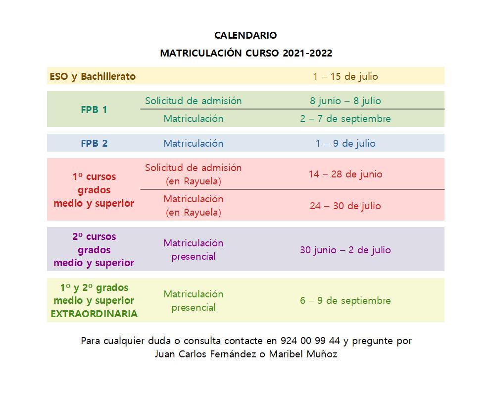 Calendario matriculacin